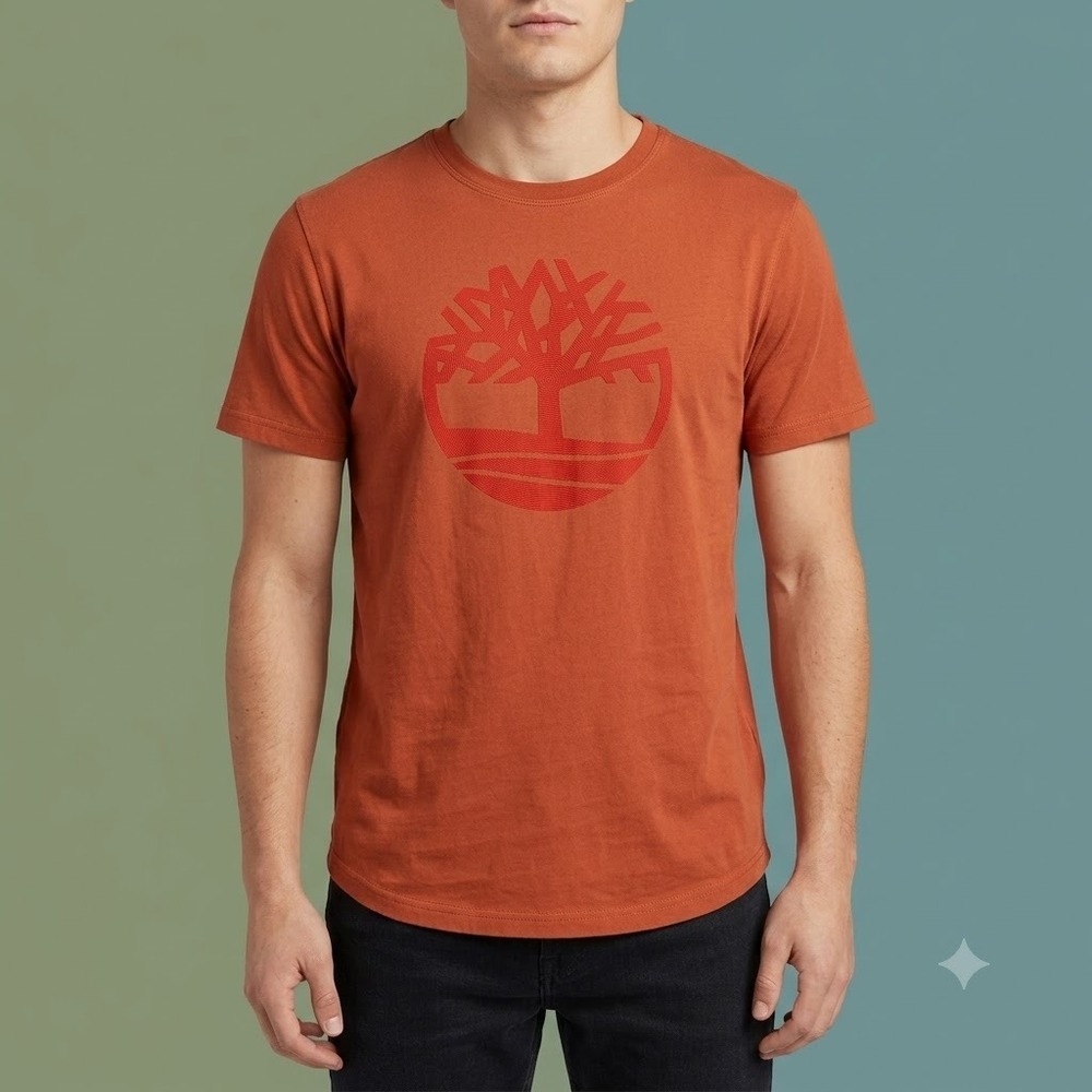 Timberland Logo T-Shirt Men's Small Orange Organic Cotton Tee